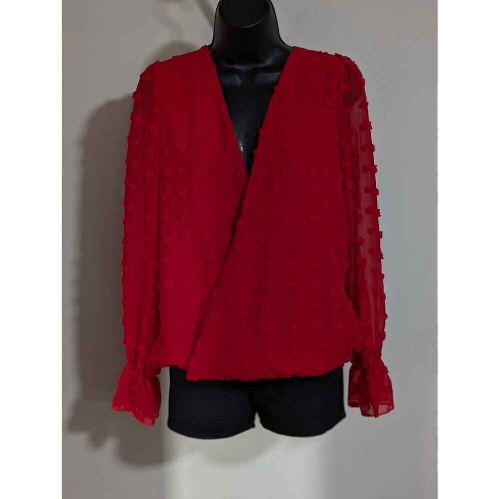 Sheer Red Textured Wrap Blouse- Size Small